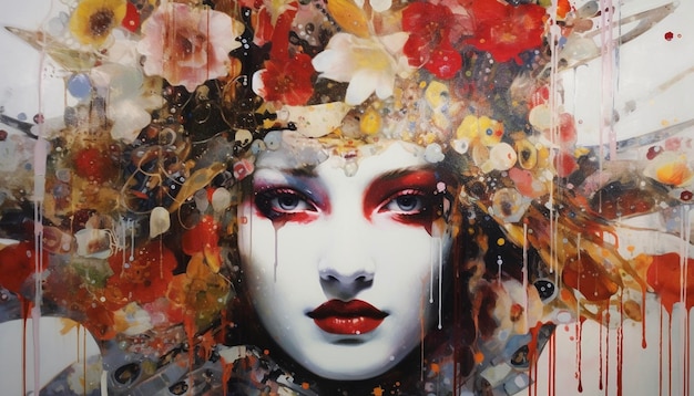 Una pintura de la cara de una mujer con flores.