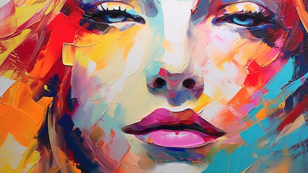 Una pintura de la cara de una mujer con un labio rosa y un ojo azul.