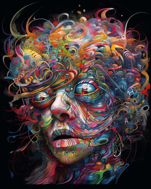 Una pintura de la cara de una mujer con muchos colores diferentes y la palabra "en ella"