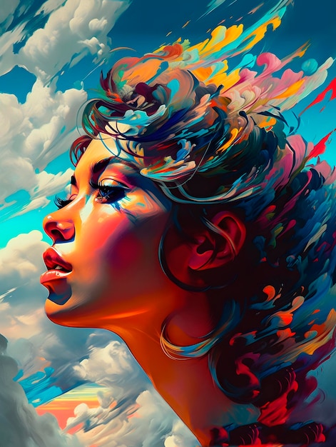 Una pintura de la cara de una mujer con nubes en el fondo AI generó AI generativ