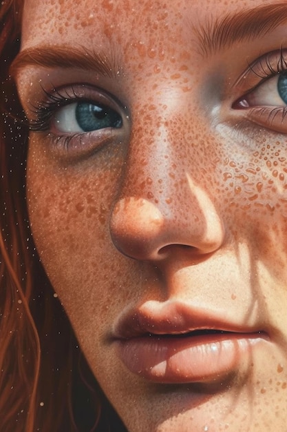 Una pintura de la cara de una mujer con pecas y ojos azules.