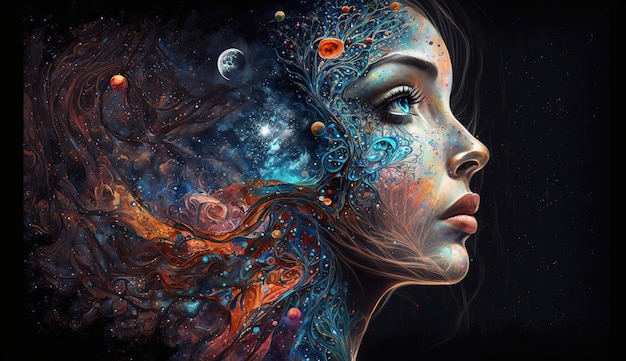 Una pintura de la cara de una mujer con una pintura del universo y la luna.