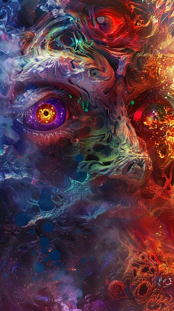 una pintura de una cara con un ojo púrpura y un ojo pórpura