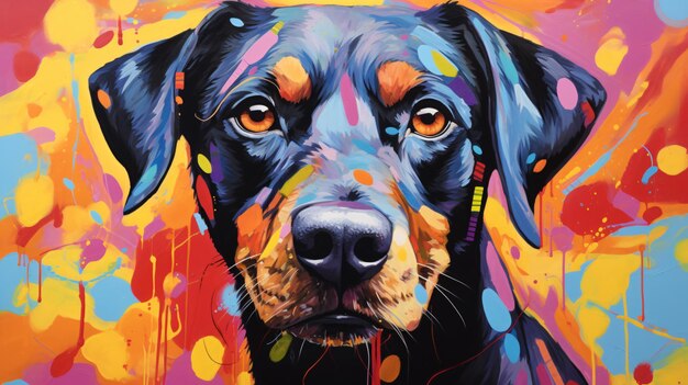 Pintura de una cara de perro con un fondo colorido