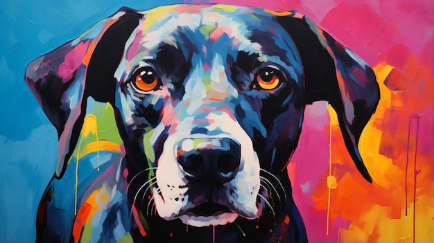 Pintura de una cara de perro con un fondo colorido