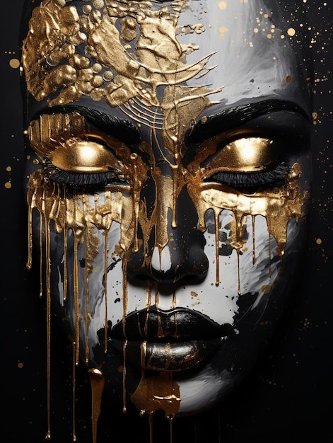 una pintura de una cara con pintura de oro en ella