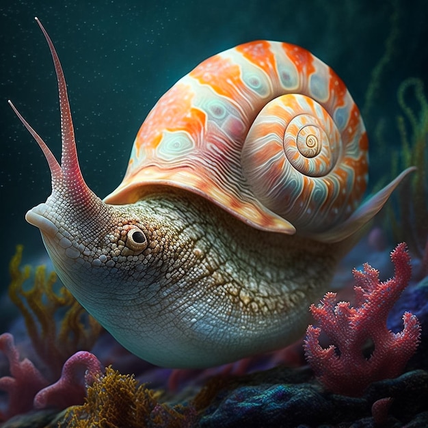 Una pintura de un caracol con una concha amarilla y un coral rojo en la parte inferior.