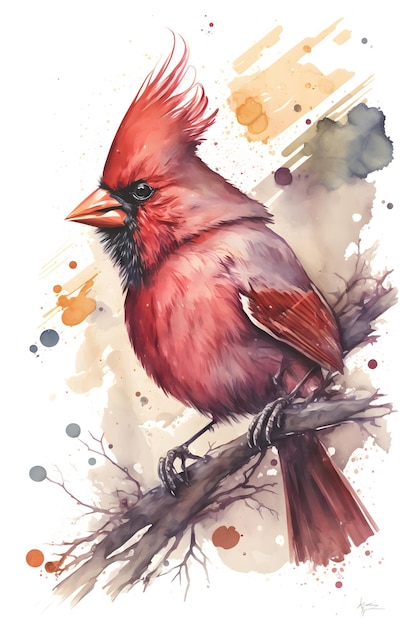 Una pintura de un cardenal con una pluma roja en la cabeza.