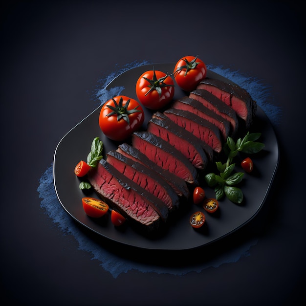 Una pintura de carne con tomates.