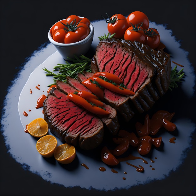 Una pintura de carne con tomates.