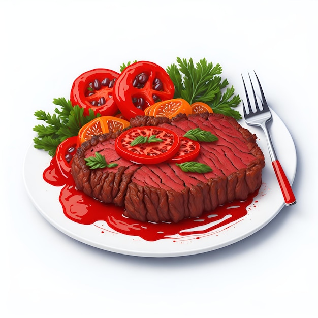 Una pintura de carne con tomates.