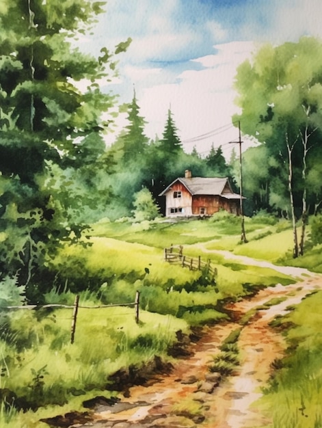Pintura de una carretera de campo con una casa en la distancia generativa ai
