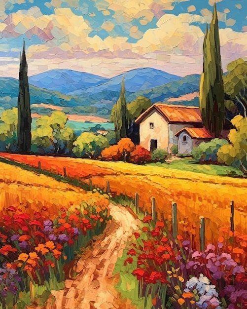 Pintura de una carretera de campo con una casa y flores generativa ai