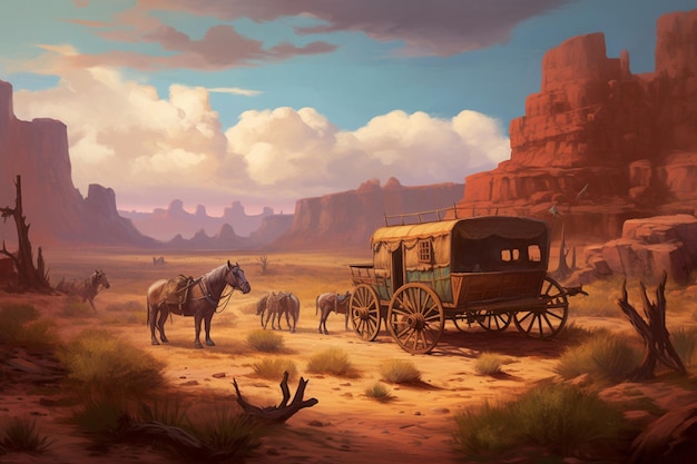 Una pintura de un carro tirado por caballos en el desierto.