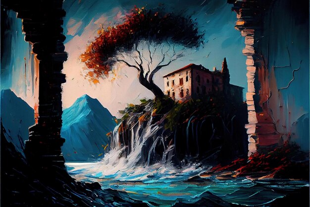 Una pintura de una casa en un acantilado con una cascada en el fondo.