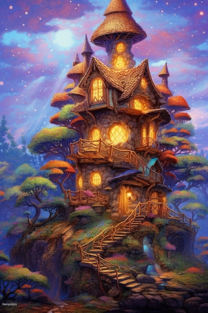 Una pintura de una casa en un acantilado