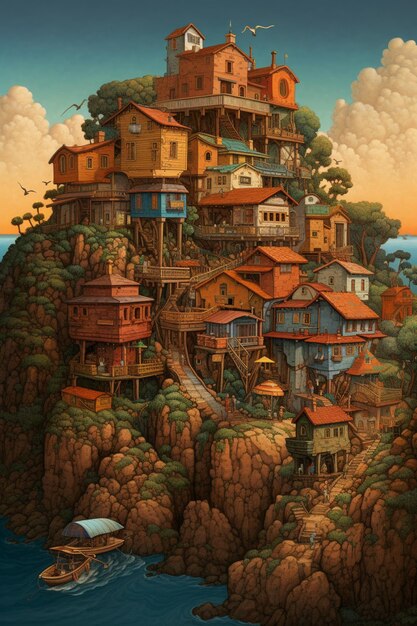 Una pintura de una casa en un acantilado