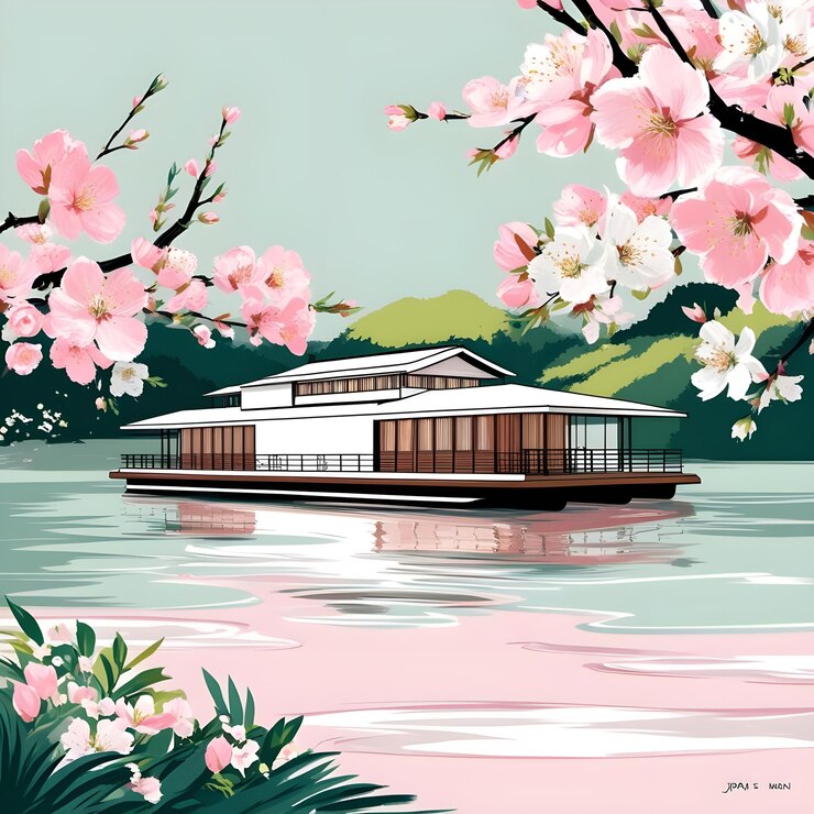 una pintura de una casa en el agua con flores en la parte inferior