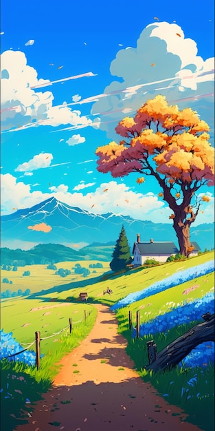 Una pintura de una casa y un árbol en un campo con flores azules.