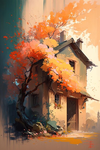 Una pintura de una casa con un árbol en la esquina.