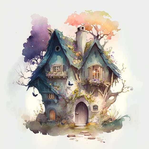Una pintura de una casa con un árbol en el lado izquierdo.