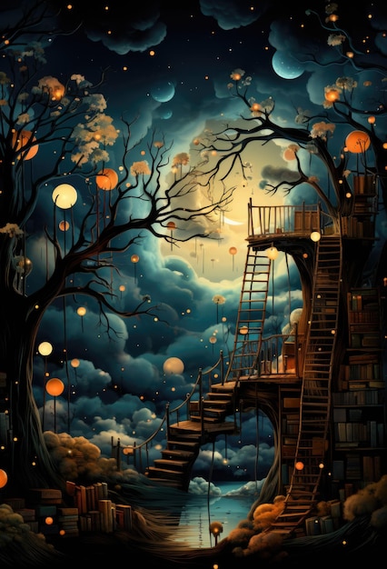 Una pintura de una casa en el árbol con linternas y una luna ai