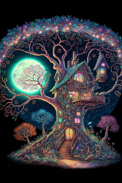 Una pintura de una casa en el árbol con una luna al fondo.