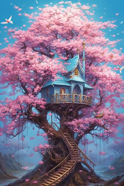 Una pintura de una casa del árbol con mariposas.