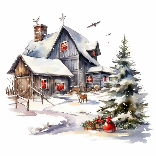pintura de una casa con un árbol de Navidad y un ciervo delante de él generativo ai