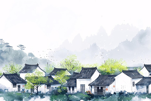 una pintura de una casa con un árbol en la parte superior de la pintura de tinta china estilo Jiangnan primavera rural