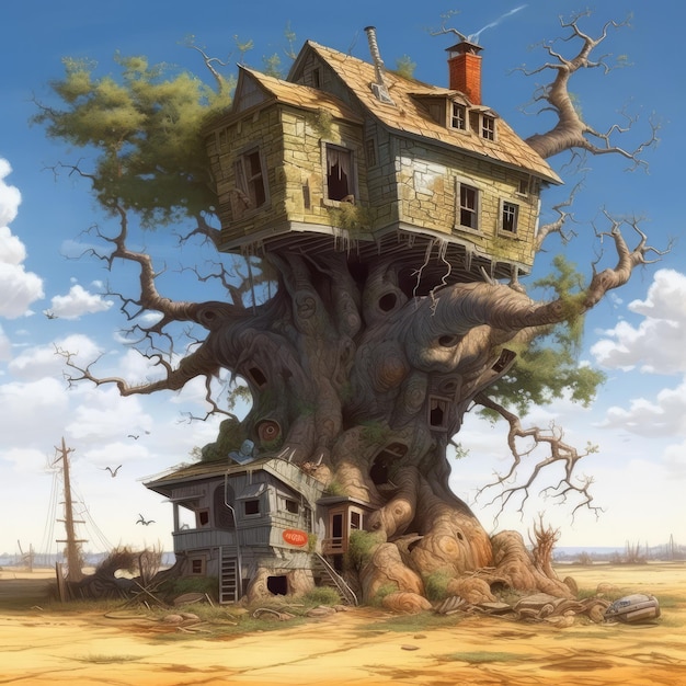 Una pintura de una casa en un árbol