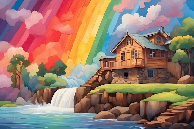 Foto una pintura de una casa con un arco iris en el fondo