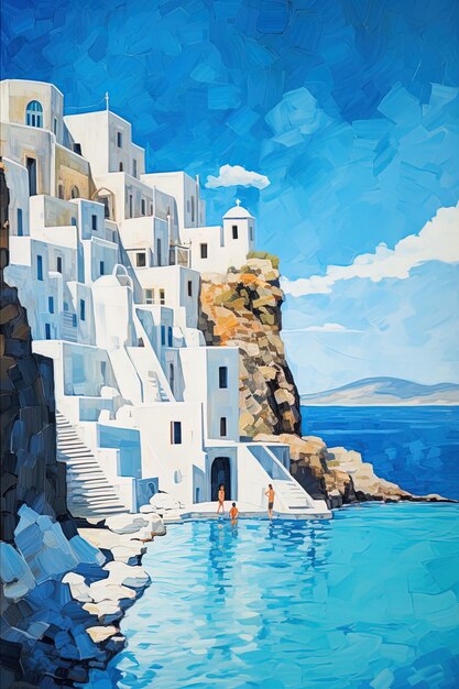 una pintura de una casa blanca junto al mar