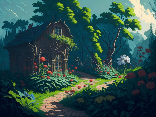 Una pintura de una casa en el bosque con un camino que conduce a ella.
