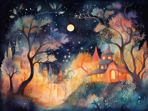 Pintura de una casa en un bosque con luna llena generativa ai