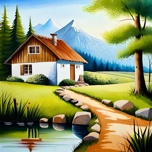 Una pintura de una casa en un bosque con una montaña al fondo.