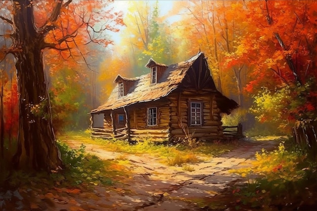 Una pintura de una casa en el bosque con el sol brillando en el techo.