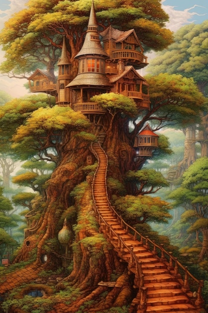 Una pintura de una casa en el bosque
