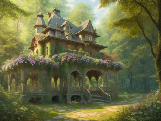 Una pintura de una casa en el bosque