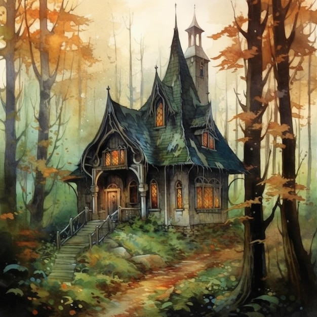 Una pintura de una casa en el bosque.