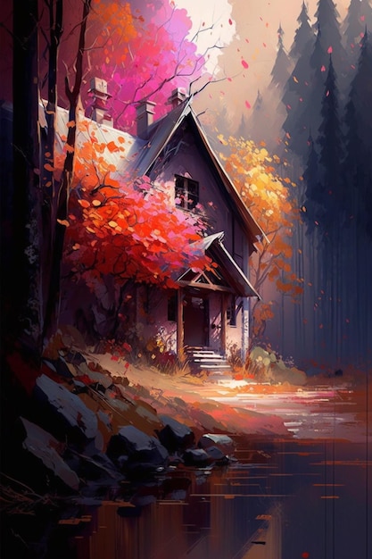 Pintura de una casa en el bosque