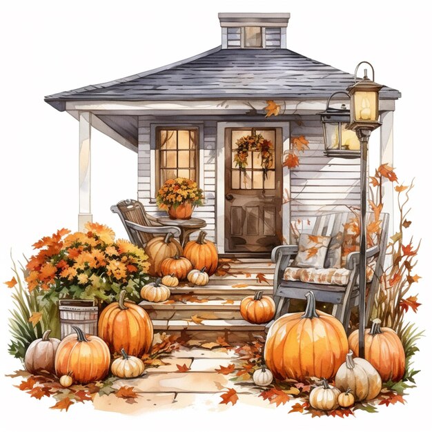 una pintura de una casa con calabazas y otras decoraciones de otoño generativa ai