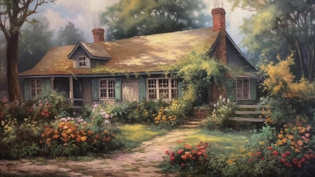 Una pintura de una casa con un camino de jardín y una casa con un techo verde.