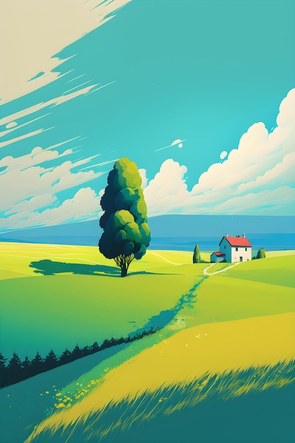Una pintura de una casa en un campo con un árbol en primer plano.