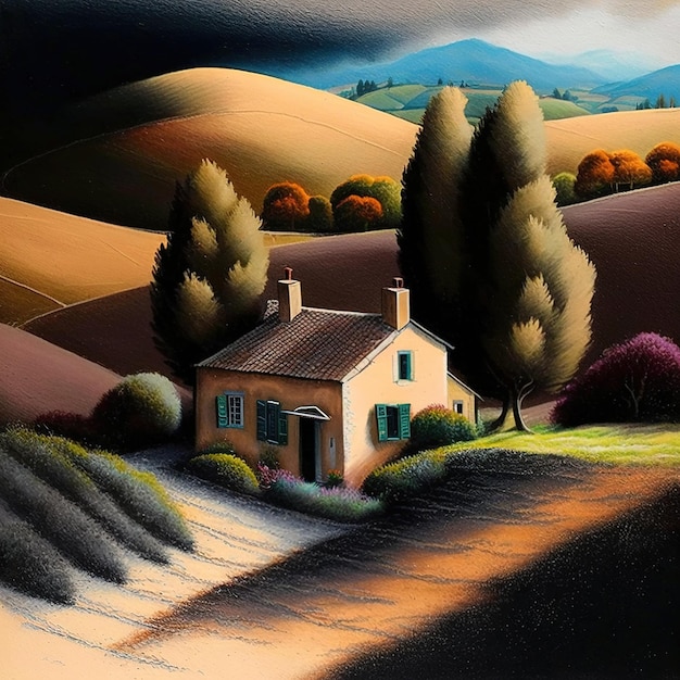 Una pintura de una casa en un campo con árboles en el lado izquierdo