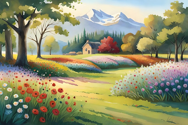 Una pintura de una casa en un campo de flores.