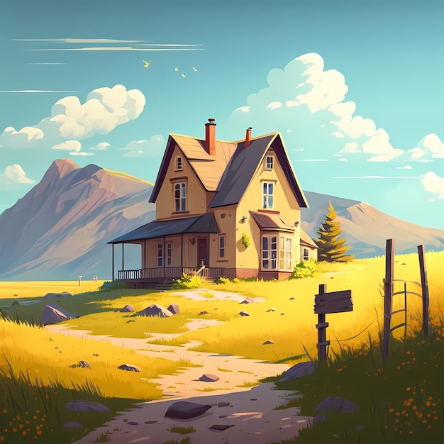 Una pintura de una casa en un campo con montañas al fondo.