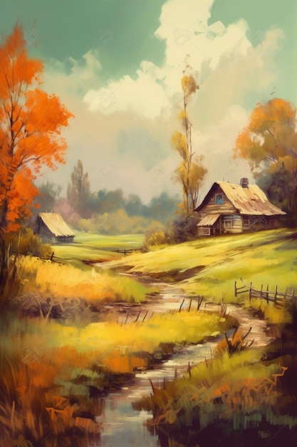 Una pintura de una casa de campo en otoño