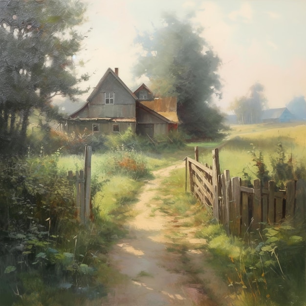 Una pintura de una casa en un campo con una valla de madera.