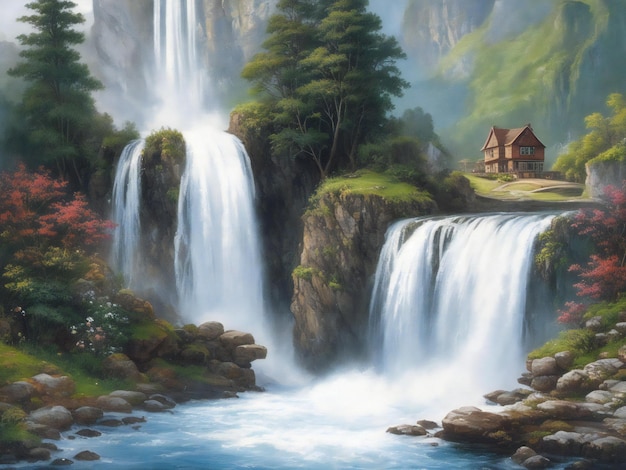 Una pintura de una casa con una cascada en el fondo ai generado